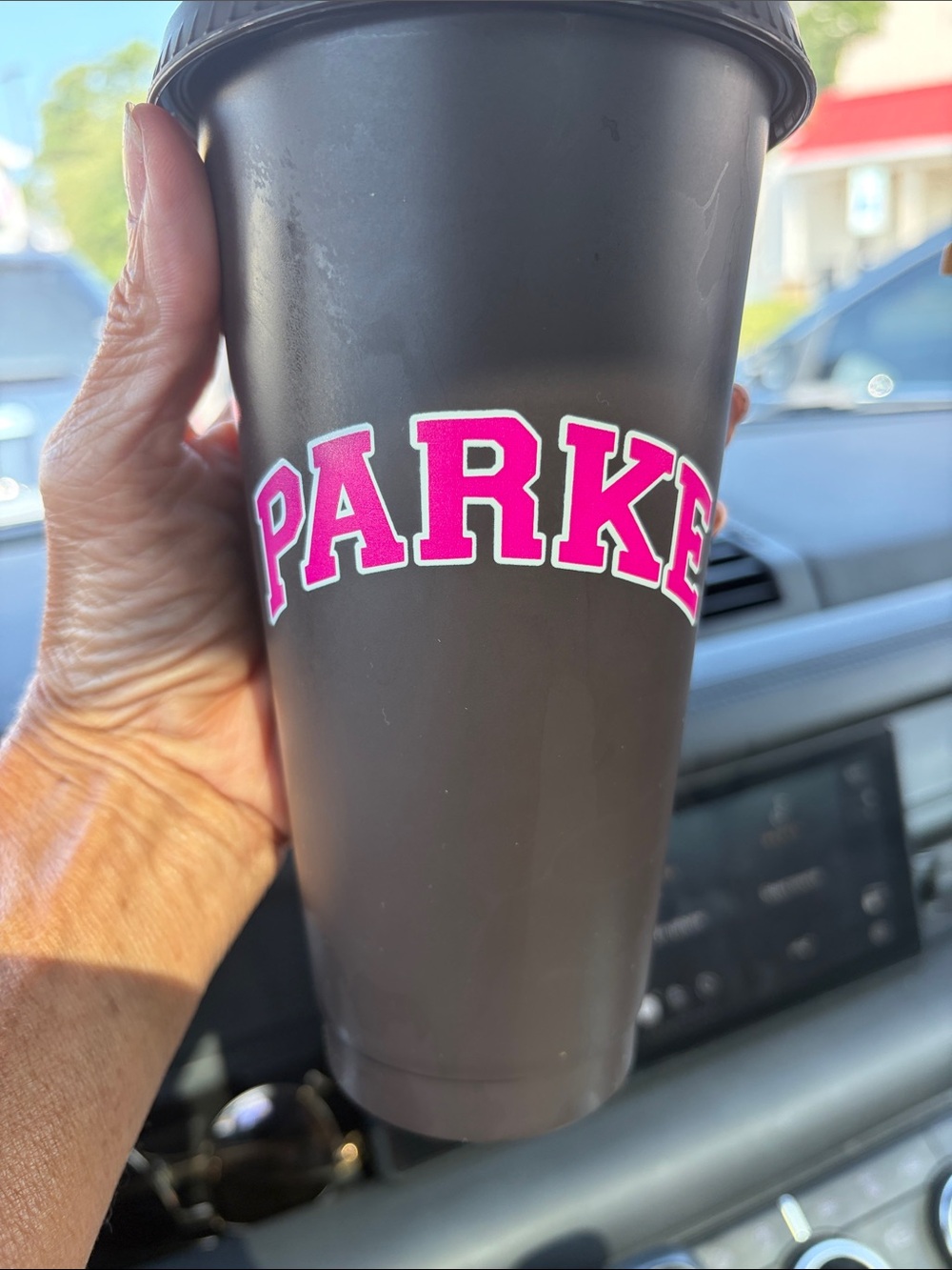 Custom Gray Travel Tumbler with Pink Lettering